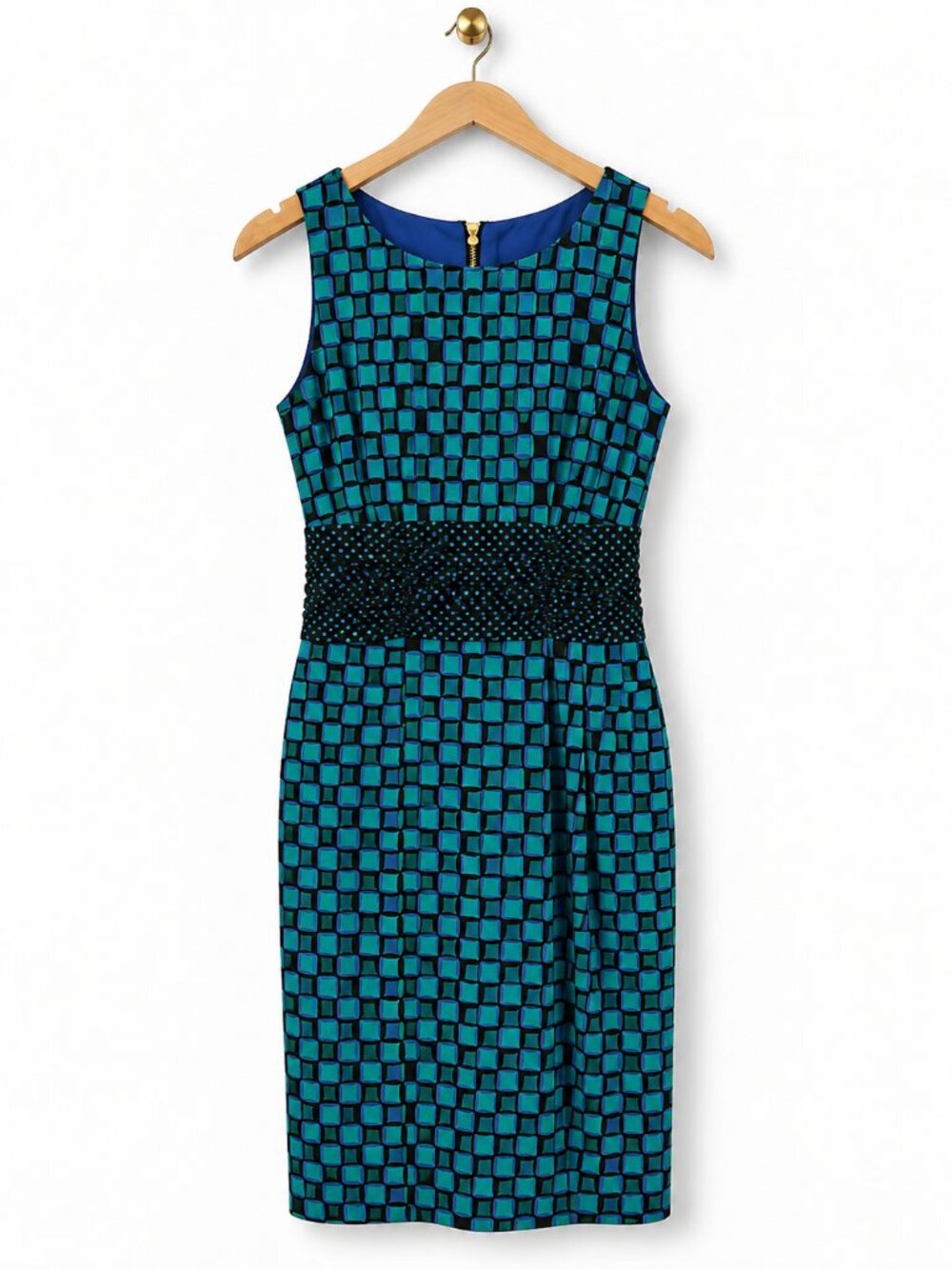 Just Taylor Teal Blue Geometric Dress Size 8 Ruched Waist Gold Zip Retro